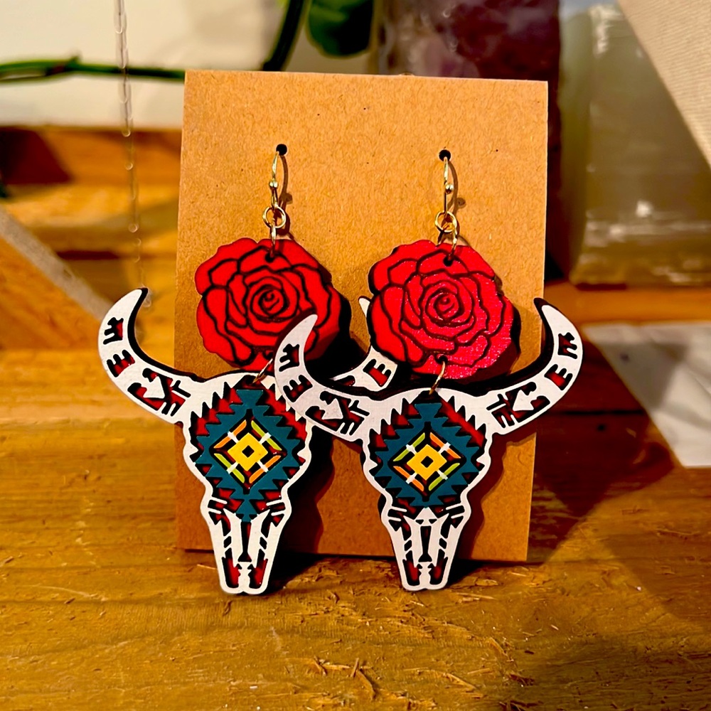 Cow Skull Rose Dangle earrings